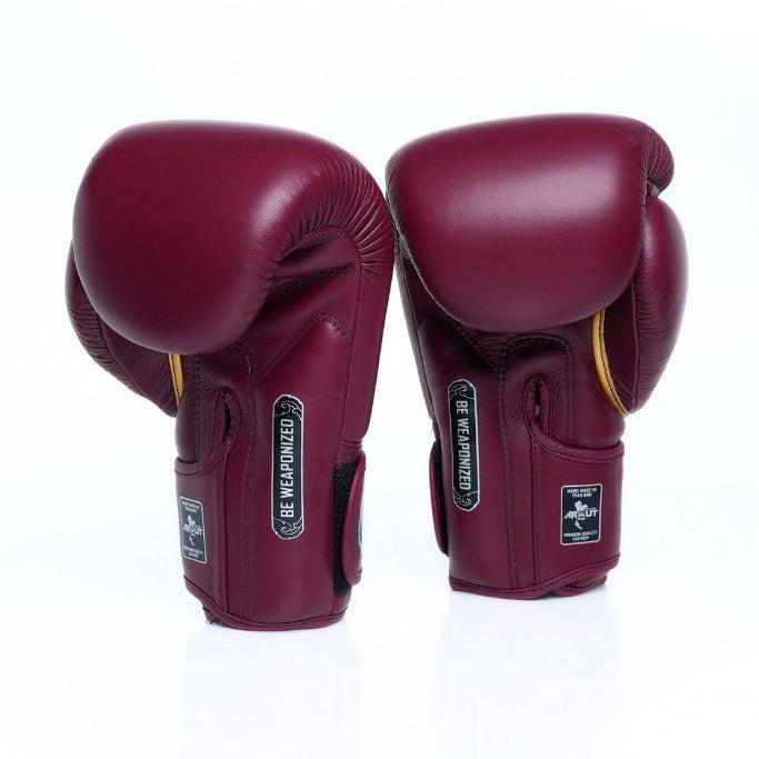 Pair of maroon boxing gloves on a white background
