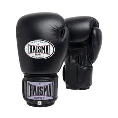 A pair of black leather boxing gloves with Thaismai branding, displayed on a clean white background.