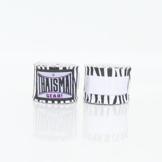 Pair of white boxing hand wraps with black and purple branding on a white background
