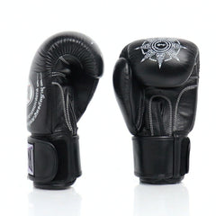 Pair of black boxing gloves with a logo on a white background