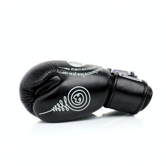 Black boxing glove with a white logo on a white background