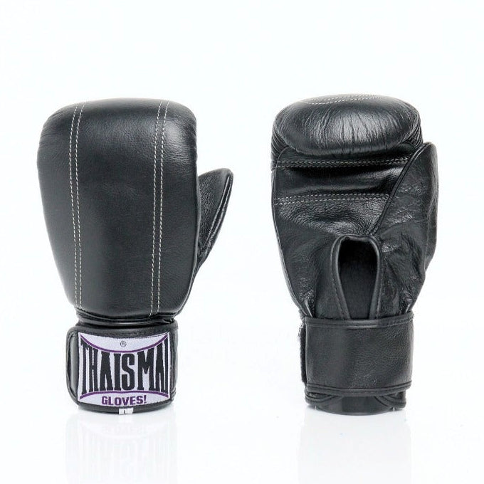 Pair of black boxing gloves with a brand logo on a white background