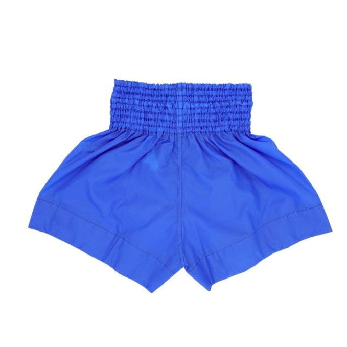 Blue shorts on a white background with BKK Muaythai Store logo.