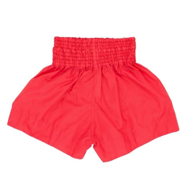 Red shorts on a white background with BKK Muaythai Store logo.