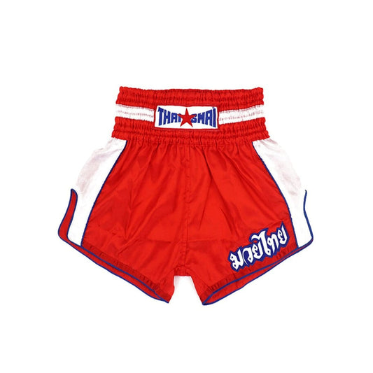 Red boxing shorts with white and blue accents featuring 'BKK Muaythai Store' branding on a white background.