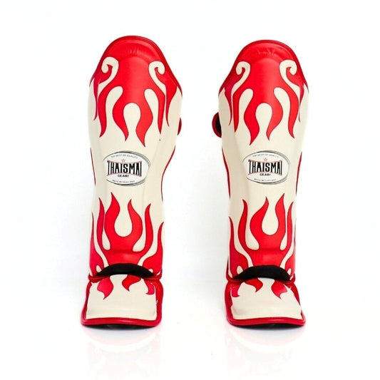 Red and white flame-patterned shin guards with 'Raisma' branding on a white background