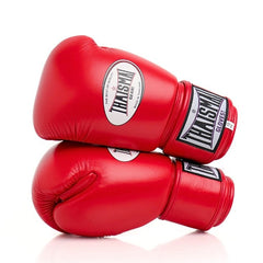 Red boxing gloves with a brand logo on a white background