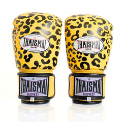 Pair of yellow boxing gloves with black leopard print and 'Thaismai' branding on a white background.