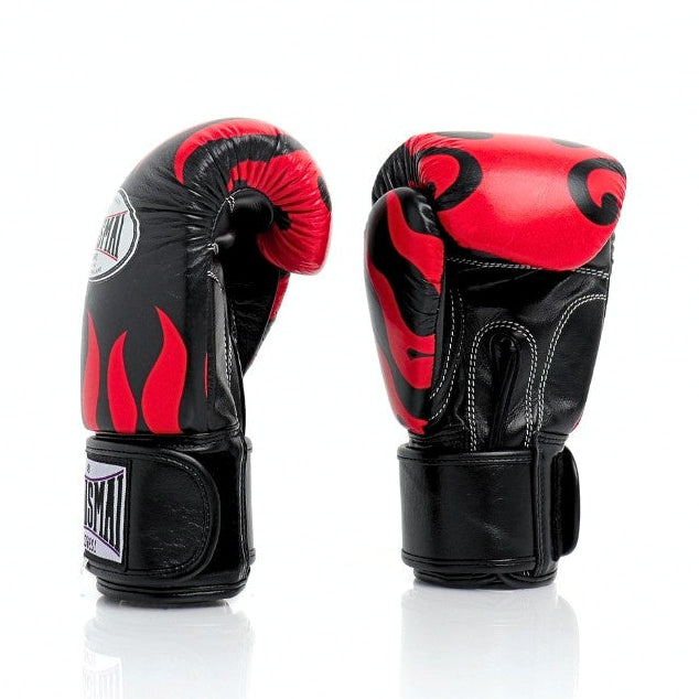 Pair of black and red boxing gloves on a white background