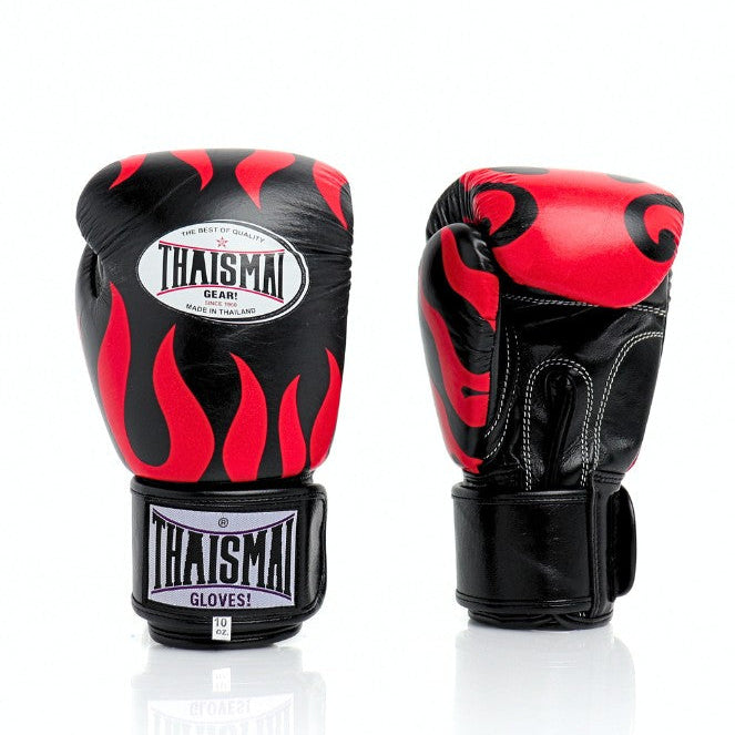 Black and red boxing gloves with 'Thaisman' branding on a white background
