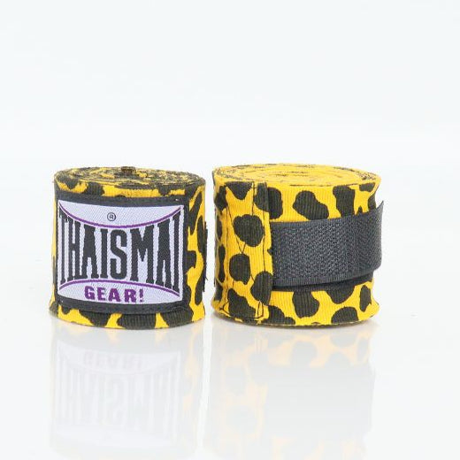 Two yellow boxing hand wraps with black patterns on a white background, branded 'Haisman Gear'.