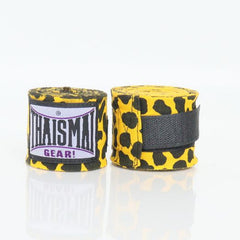 Two yellow boxing hand wraps with black patterns on a white background, branded 'Haisman Gear'.