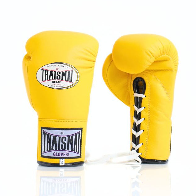 Yellow boxing gloves with Thaismai branding on a white background