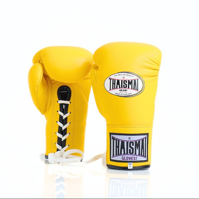 Yellow boxing gloves with 'Thaismai' branding on a white background
