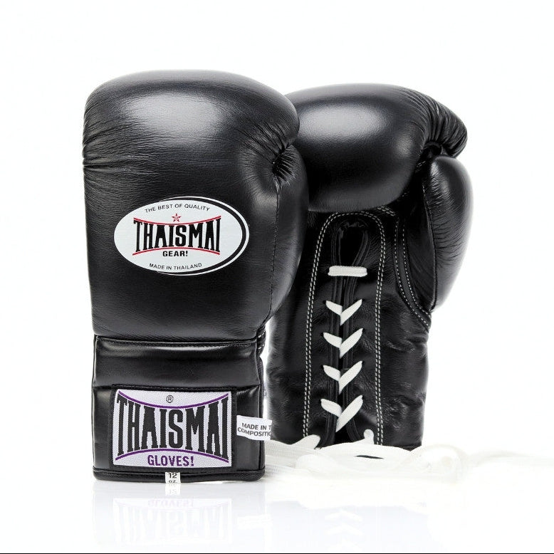 Black boxing gloves with Thaisma branding on a white background