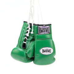 Green boxing gloves with white laces on a white background