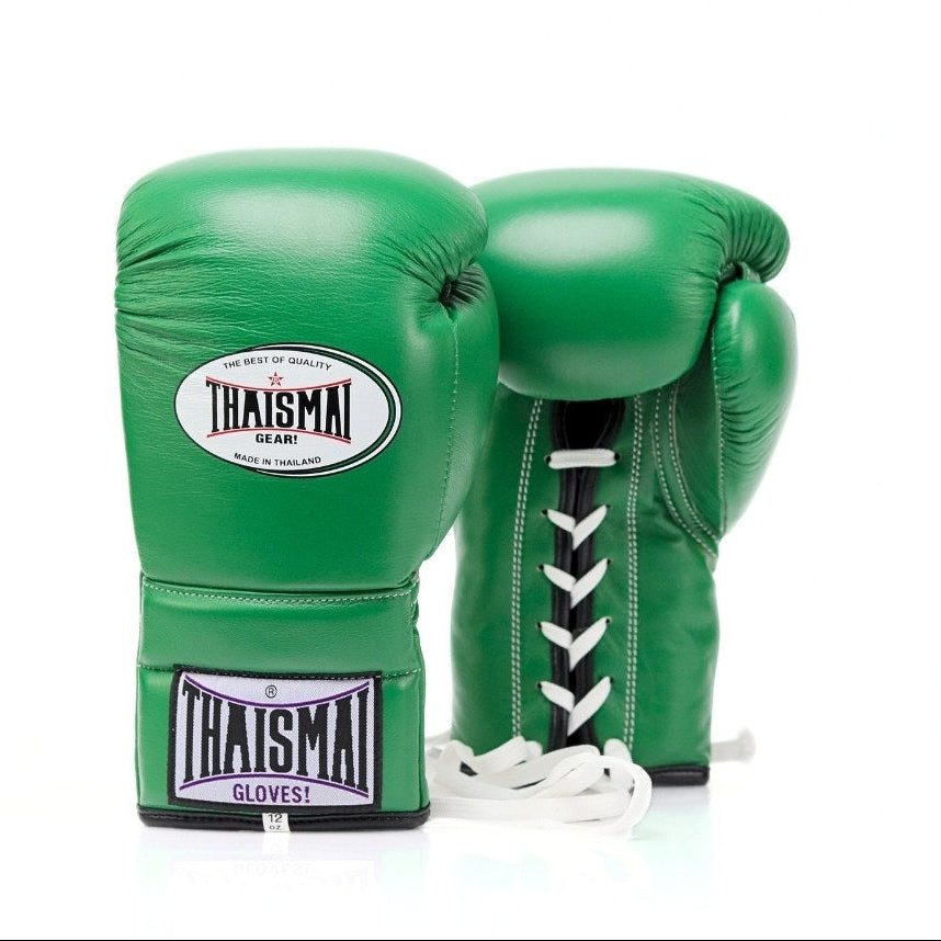 Green boxing gloves with Thaisma branding on a white background