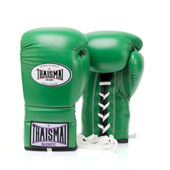 Green boxing gloves with Thaisma branding on a white background