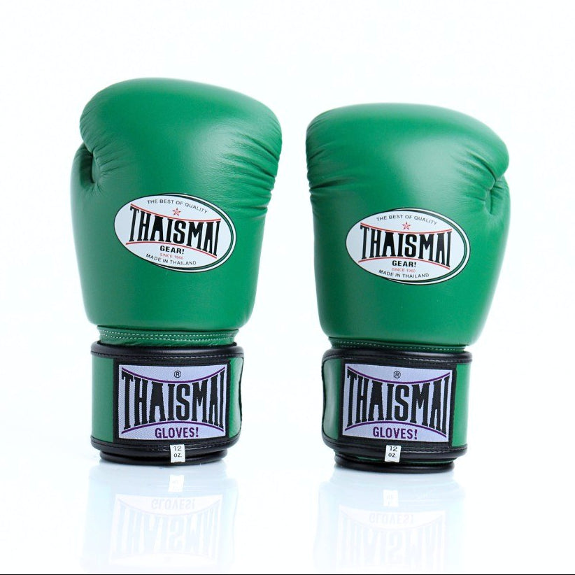 Pair of green boxing gloves with Thaismai branding on a white background