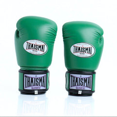Pair of green boxing gloves with Thaismai branding on a white background