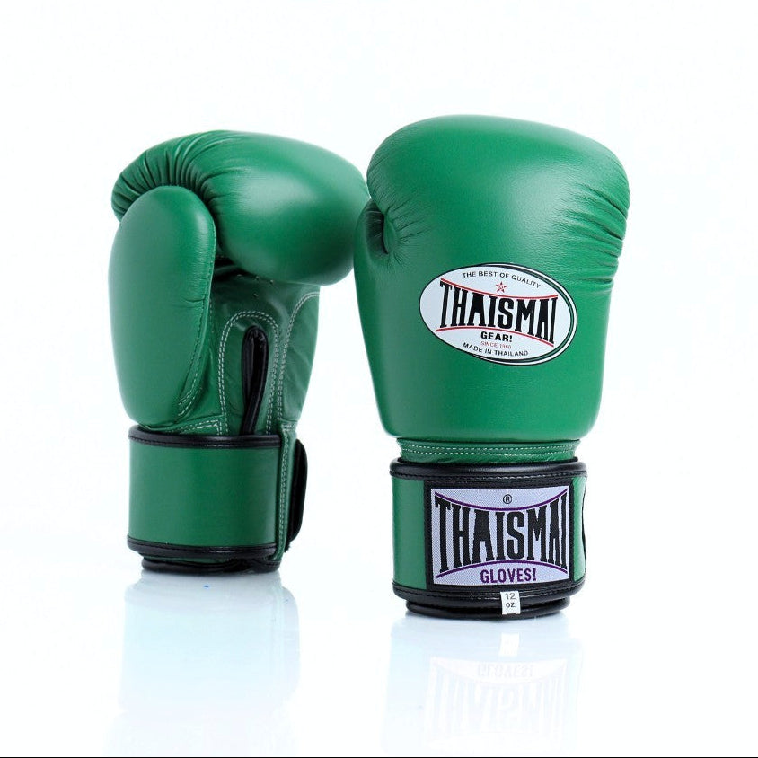 Green boxing gloves with Thaismai Glove brand logo on a white background