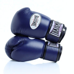 Pair of blue boxing gloves with a brand logo on a white background