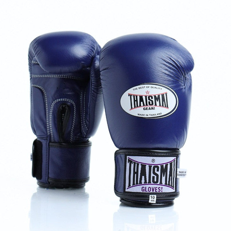 Pair of blue boxing gloves with Thaismai branding on a white background