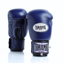 Pair of blue boxing gloves with Thaismai branding on a white background
