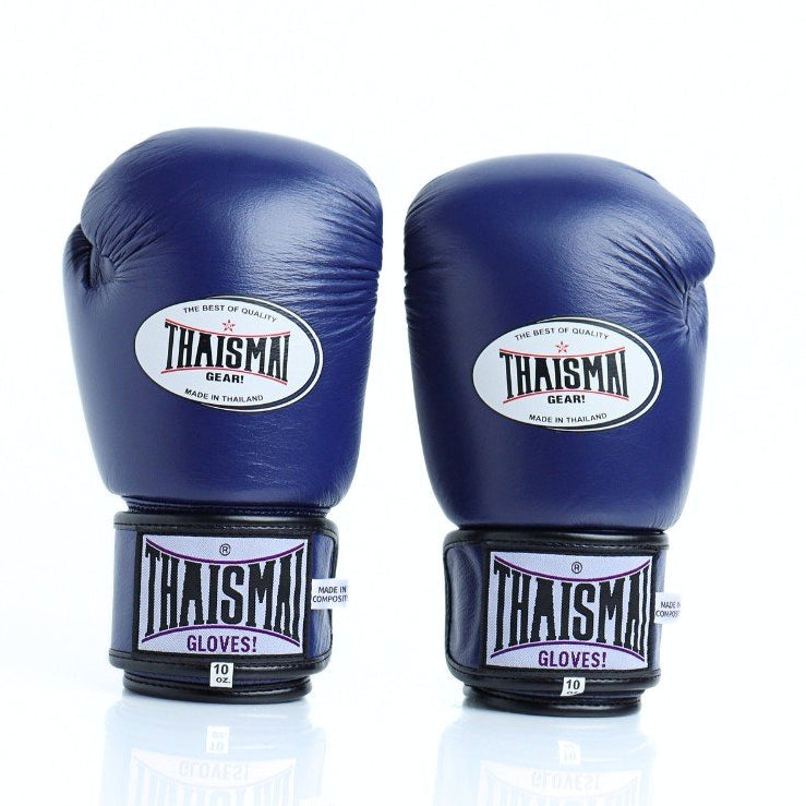 Pair of blue boxing gloves with Thaismai branding on a white background