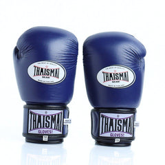 Pair of blue boxing gloves with Thaismai branding on a white background