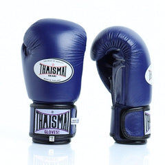 Pair of blue boxing gloves with Thaismai branding on a white background