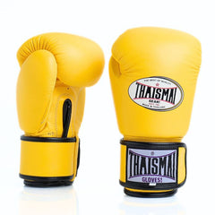 Yellow boxing gloves with Thaismai branding on a white background