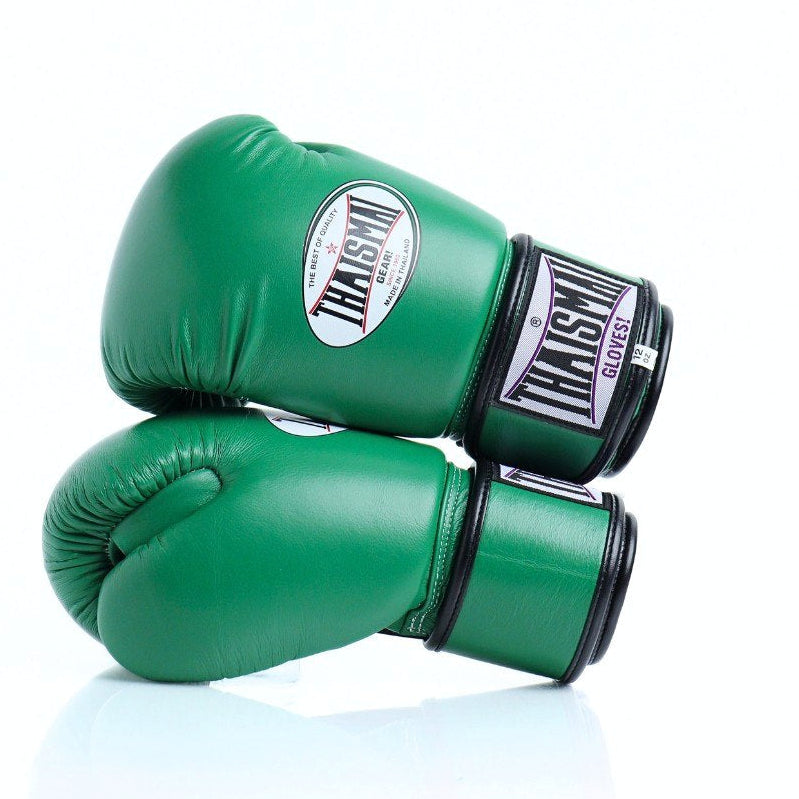 Green boxing gloves with a brand logo on a white background