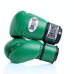 Green boxing gloves with a brand logo on a white background