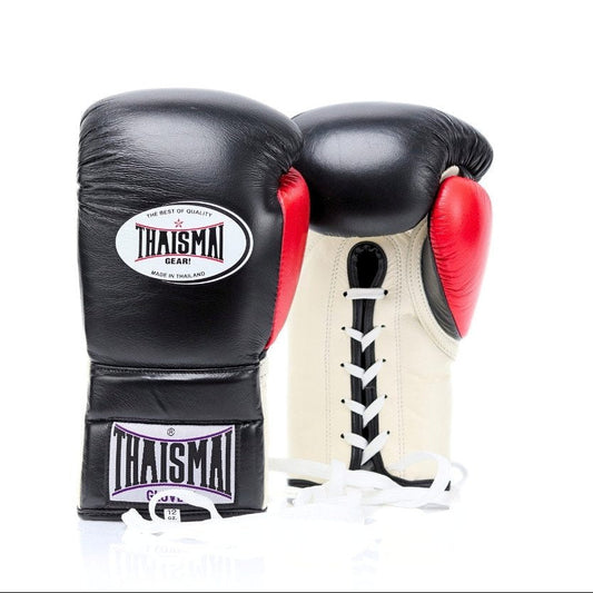 Pair of black, red, and white boxing gloves with Thaismai Gear branding on a white background.