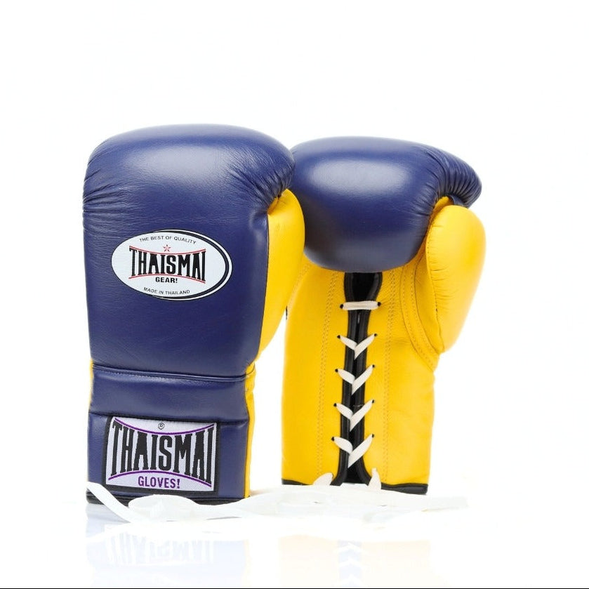 Blue and yellow boxing gloves with Thaisima branding on a white background