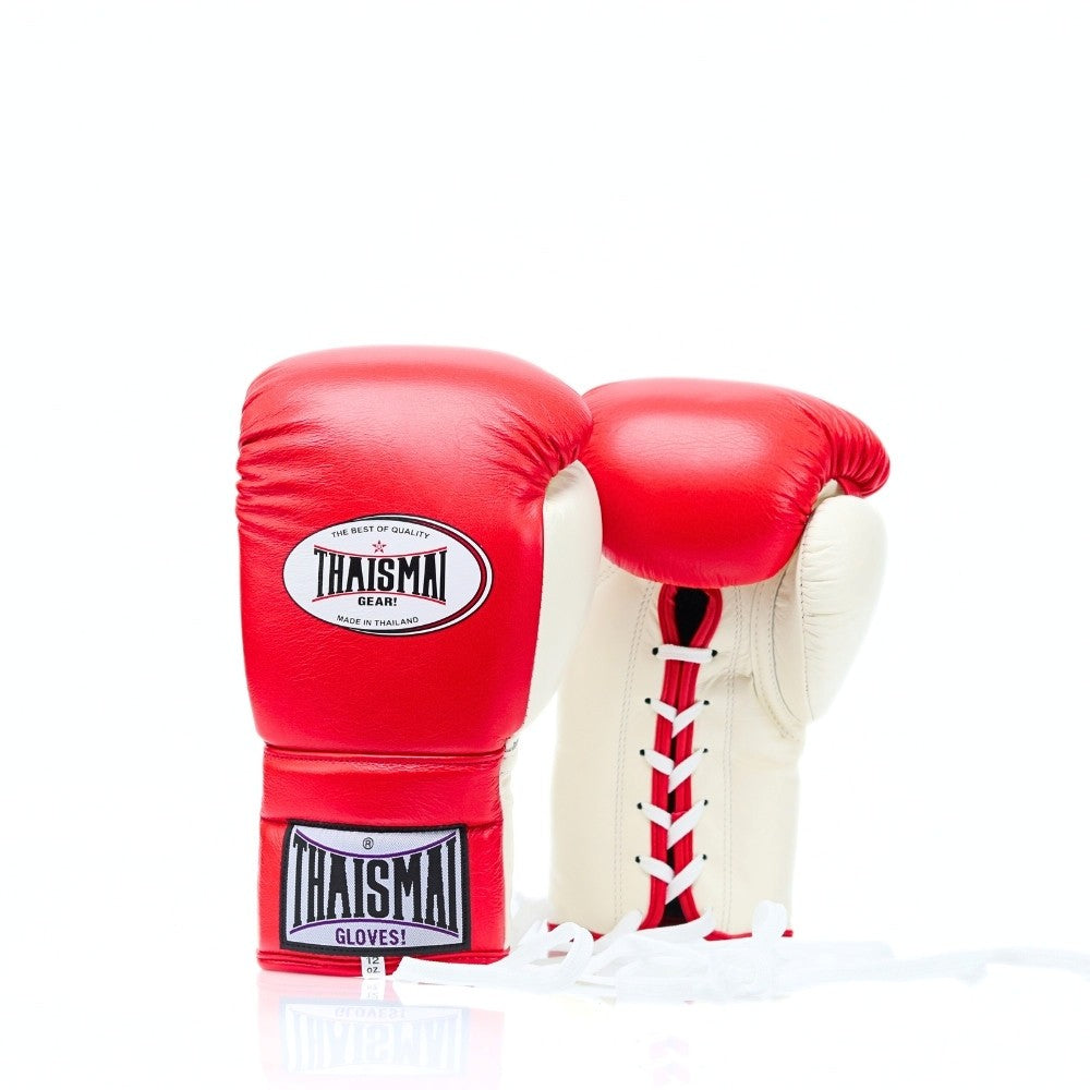 Red boxing gloves with white accents and Thaismai branding on a white background