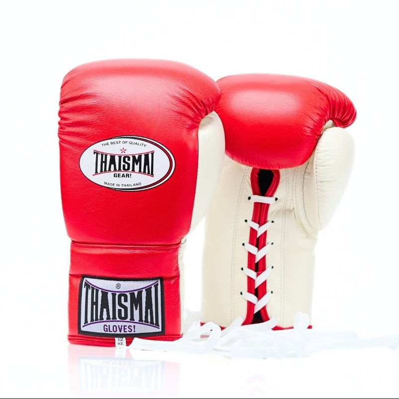 Red boxing gloves with white accents and Thaismai branding on a white background