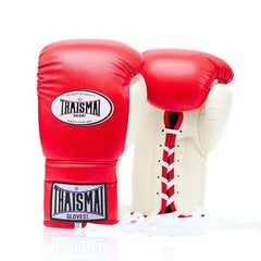 Red boxing gloves with white accents and Thaismai branding on a white background