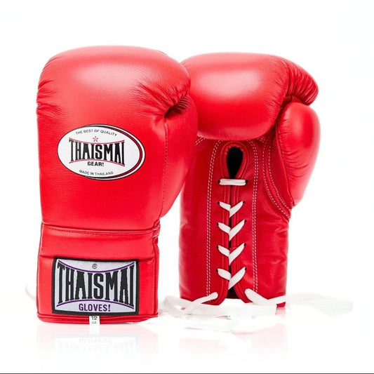 Red boxing gloves with white laces on a white background, featuring Thaismai branding.