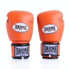 Pair of orange boxing gloves with 'Thaismai' branding on a white background