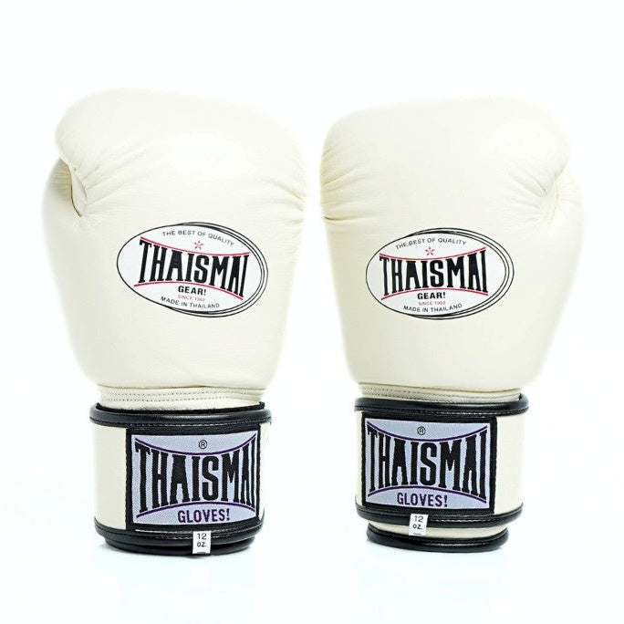 Pair of white boxing gloves with black accents and 'Thaismai' branding on a white background.
