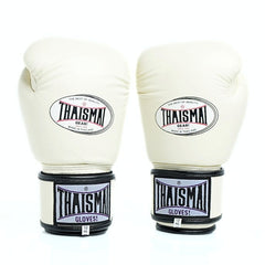Pair of white boxing gloves with black accents and 'Thaismai' branding on a white background.
