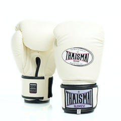 Pair of white boxing gloves with black accents and Thaisma branding on a white background