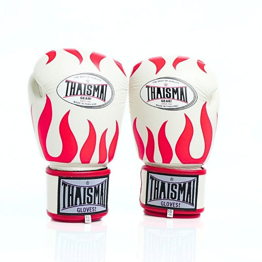 Pair of white boxing gloves with red flames and 'Thaismai' branding on a white background
