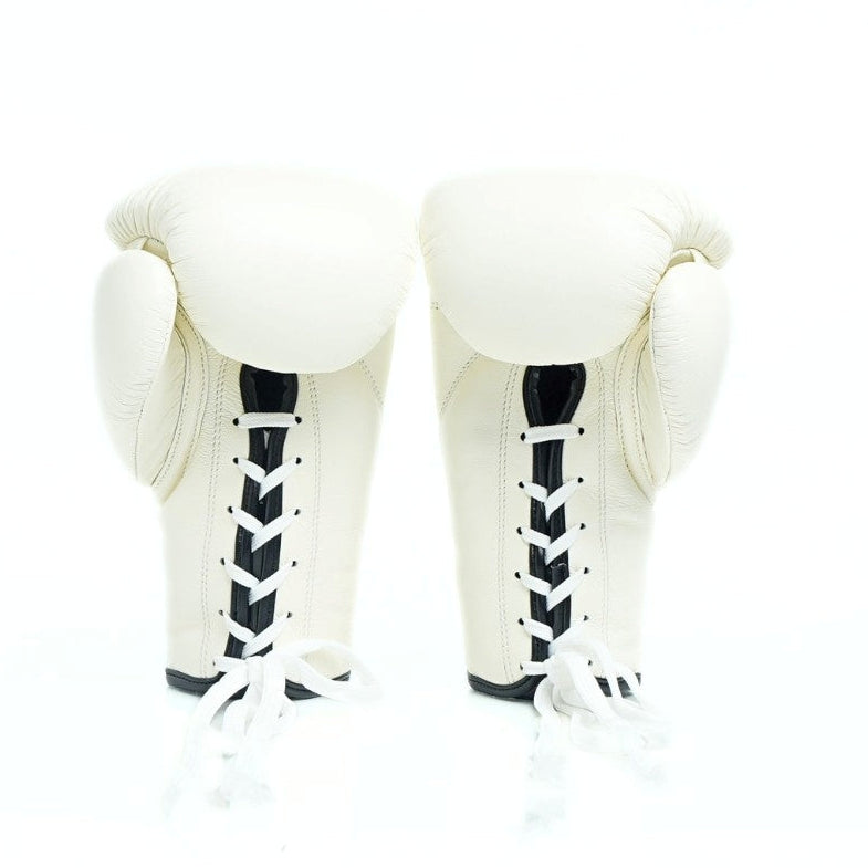 Pair of white boxing gloves with black accents on a white background