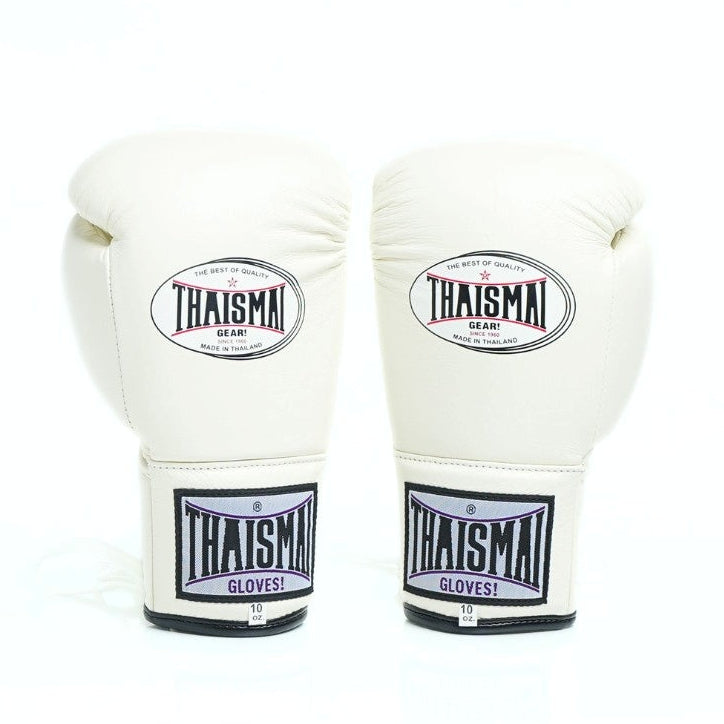 Pair of white boxing gloves with Thaisma branding on a white background