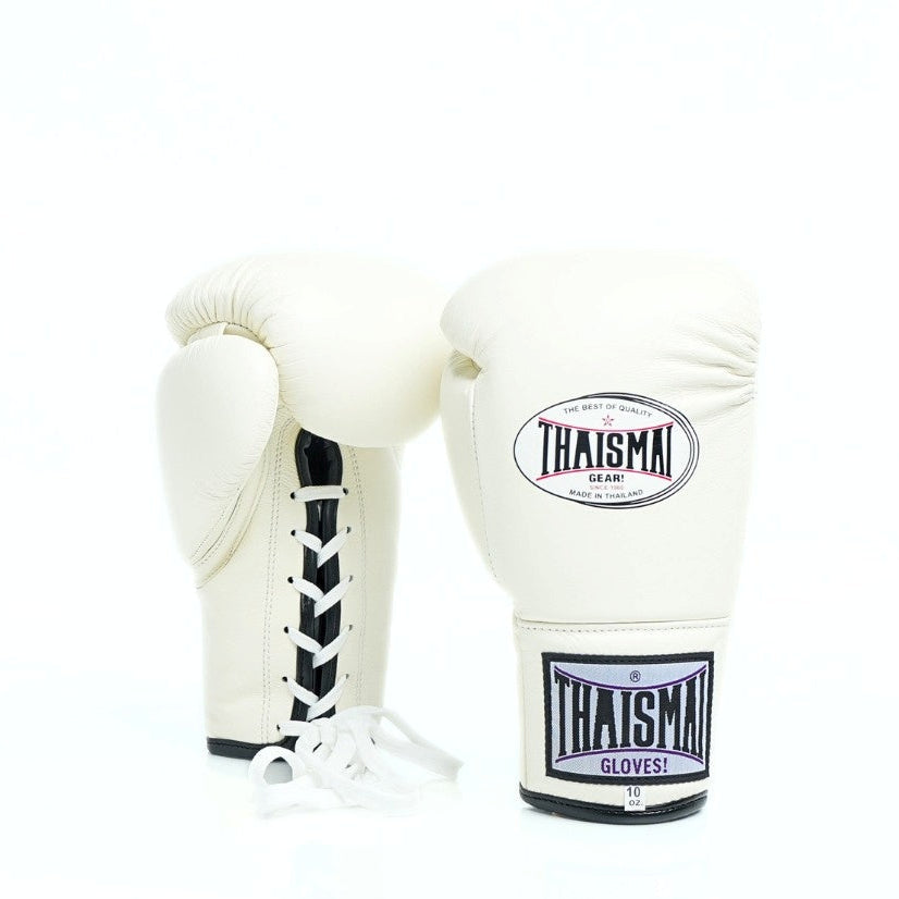 White boxing gloves with Thaisman branding on a white background