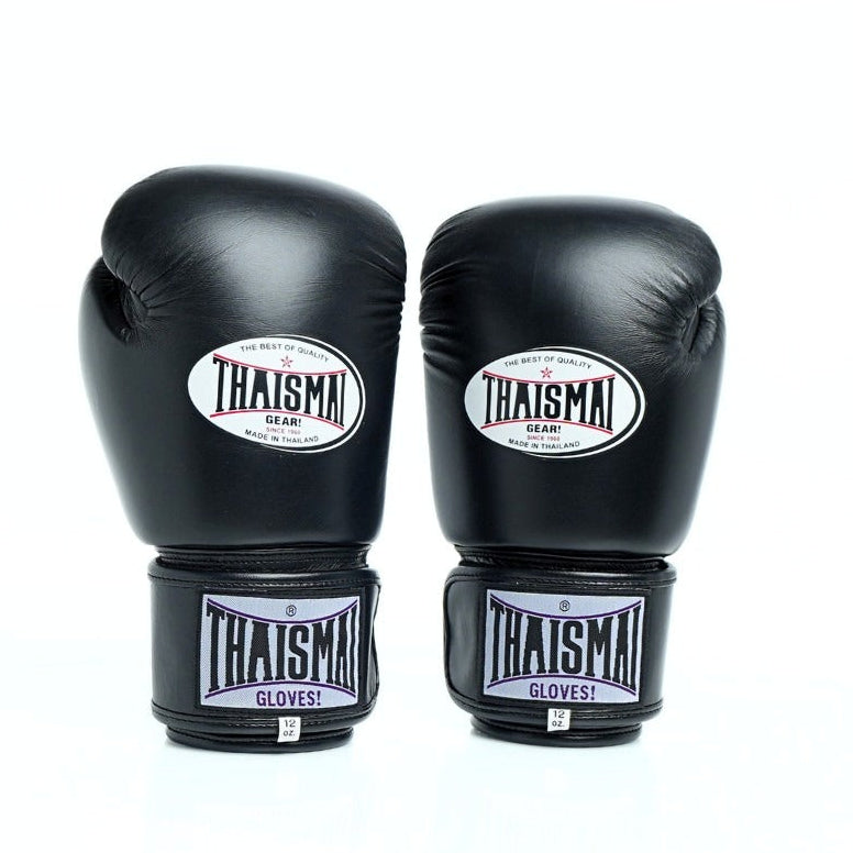 Pair of black boxing gloves with Thaismai branding on a white background
