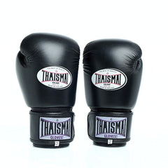 Pair of black boxing gloves with Thaismai branding on a white background